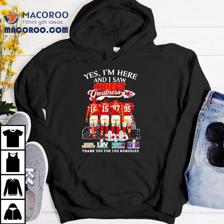 Yes I'm Here And I Saw Dawson Mahomes Kelce Jones Kansas City Chiefs Greatness Super Bowl Logos Shirt