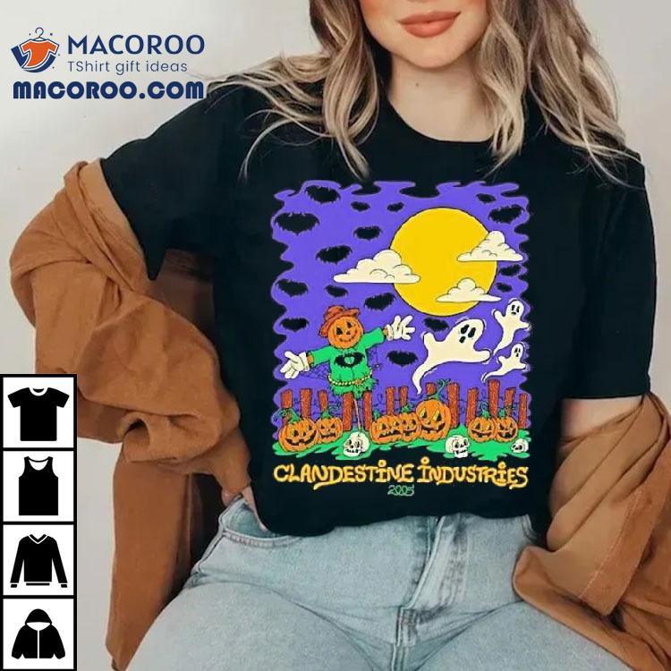 Clandestine Industries Scarecrow Ghosts Pumpkins Bats 2005 Halloween Shirt