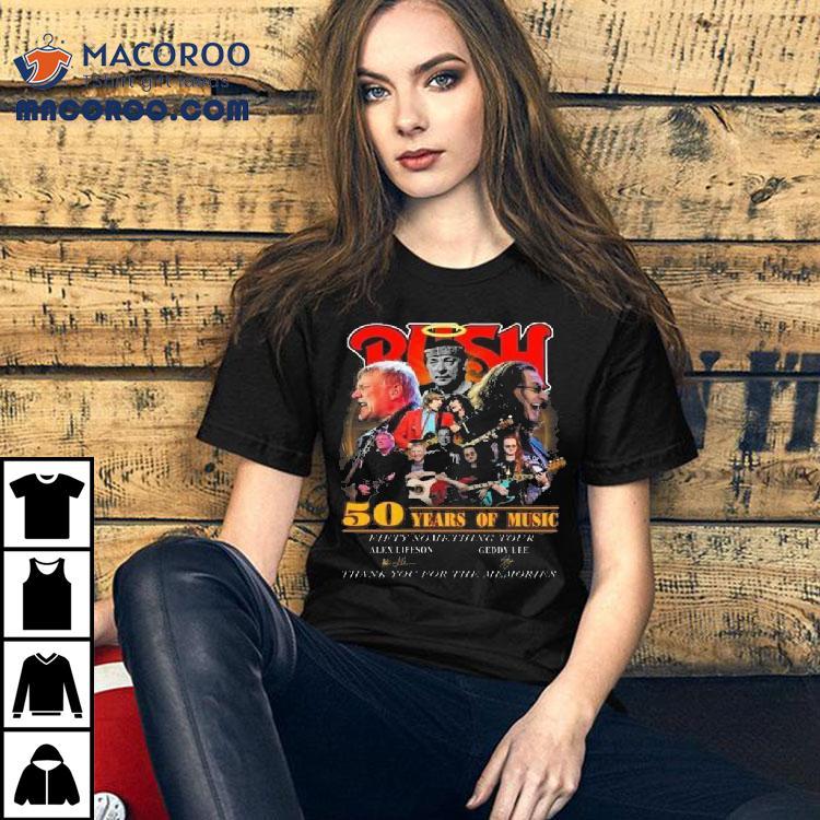 Rush Band 50 Years Of Music Fifty Something Tour Alex Lifeson Geddy Lee Signatures Thank You For The Memories Shirt