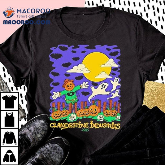 Clandestine Industries Scarecrow Ghosts Pumpkins Bats 2005 Halloween Shirt